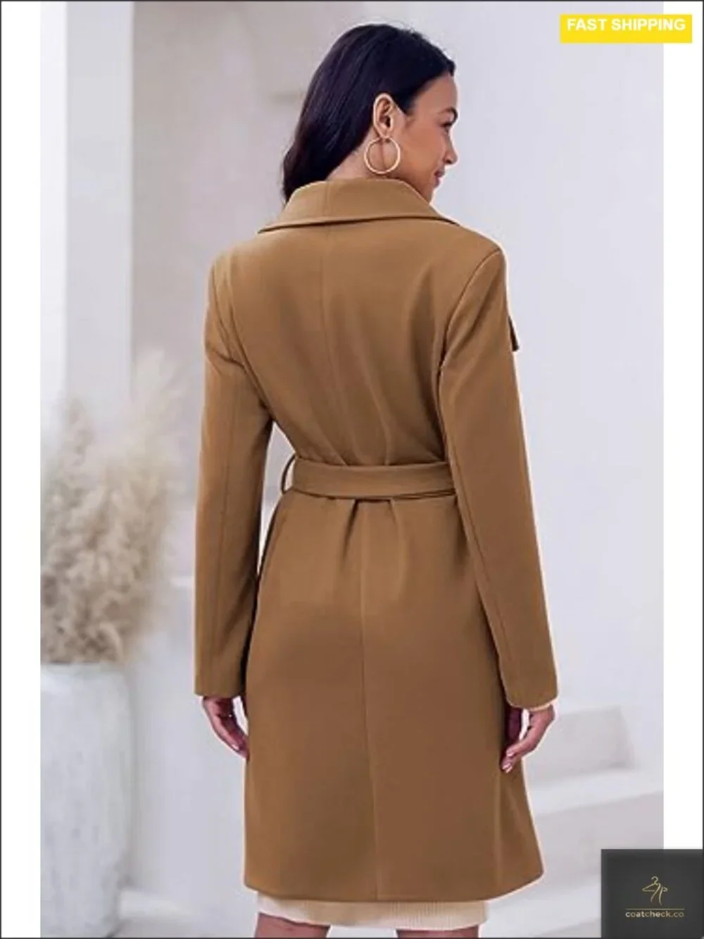 Long Sleeve Wool Pea Coat Open Front Belted Long Trench_3